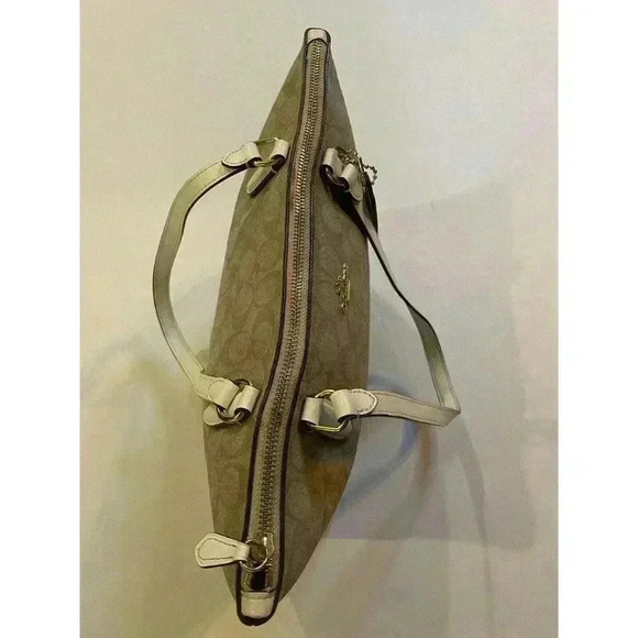 Coach Signature Zip Tote Back Light Khaki Beige Ran White Purse Shoulder Bag - Picture 4 of 13